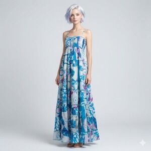 Chaudry KC Womens Blue Purple Hand Dyed‎ Smocked Tiered Maxi Dress Large NWT
